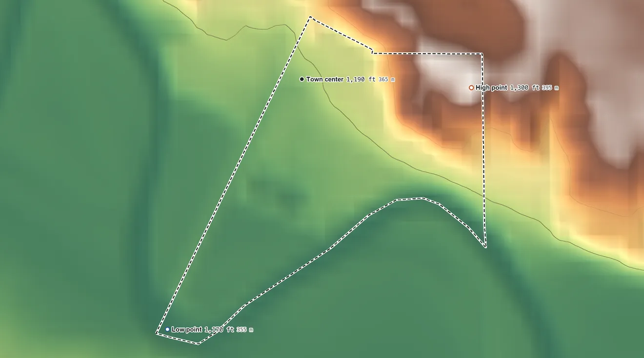 Topographic elevation map of Jamesville Colony, South Dakota, shaded from 1,170 ft on the southwest side to 1,300 ft on the east side