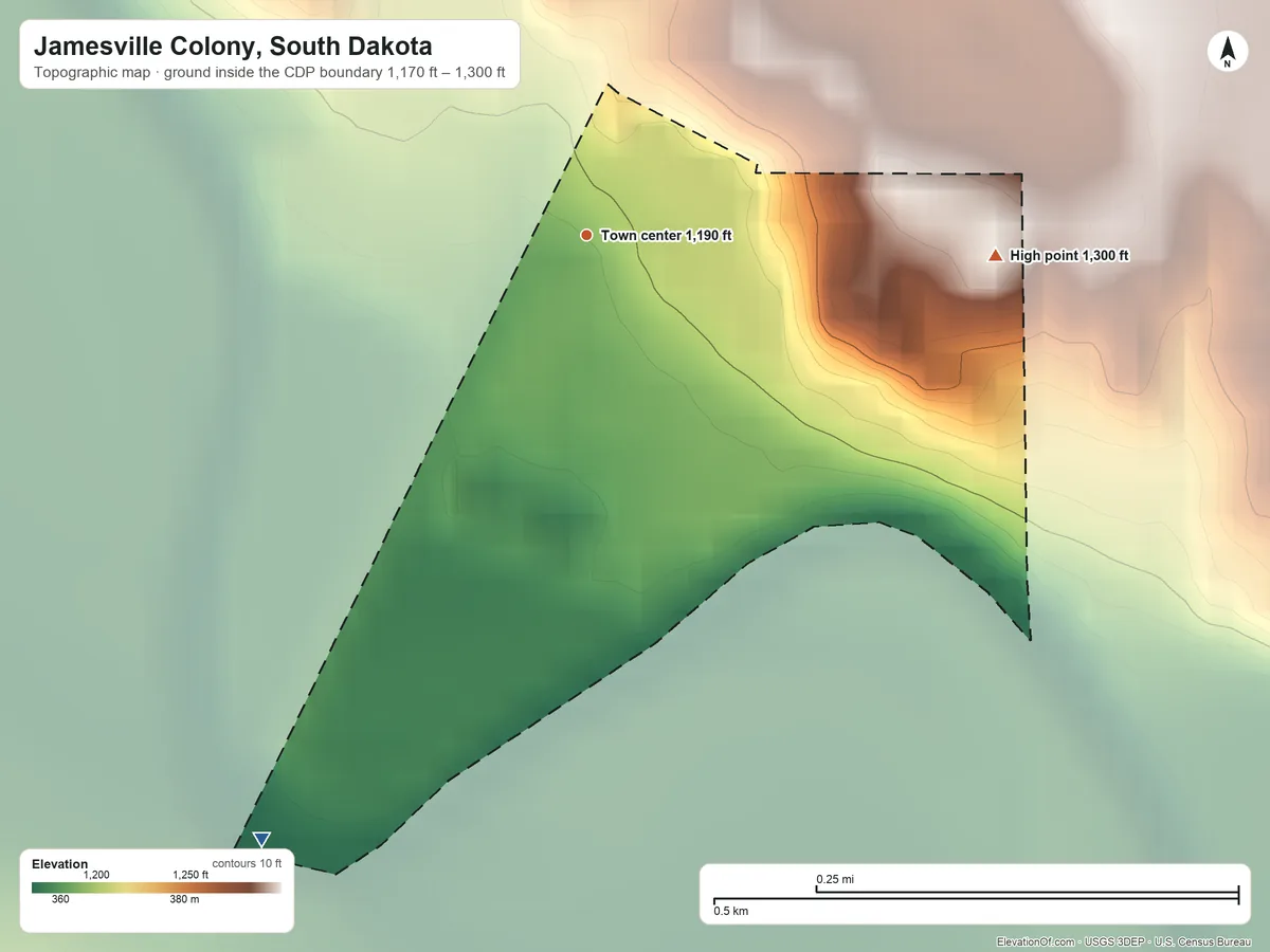 Topographic elevation map of Jamesville Colony, South Dakota, shaded from 1,170 ft on the southwest side to 1,300 ft on the east side