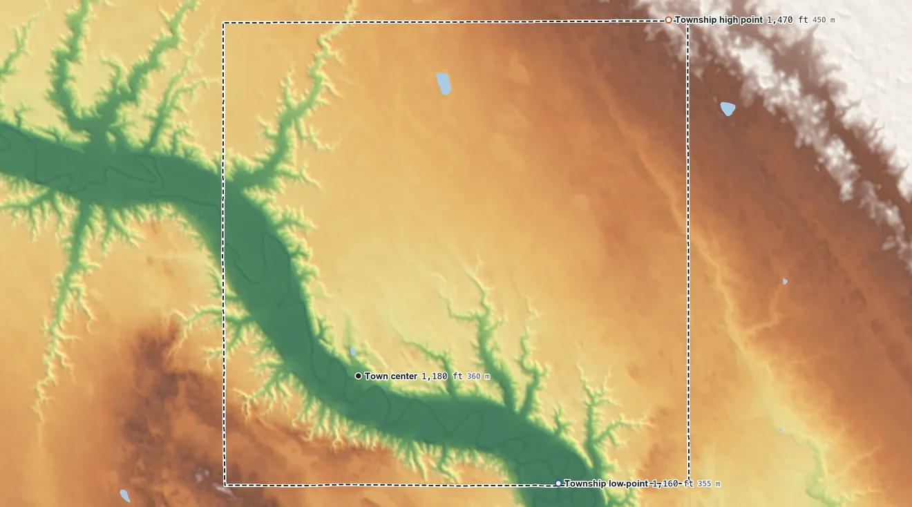 Topographic elevation map of Jamesville Township, South Dakota, shaded from 1,160 ft on the southeast side to 1,470 ft on the northeast side