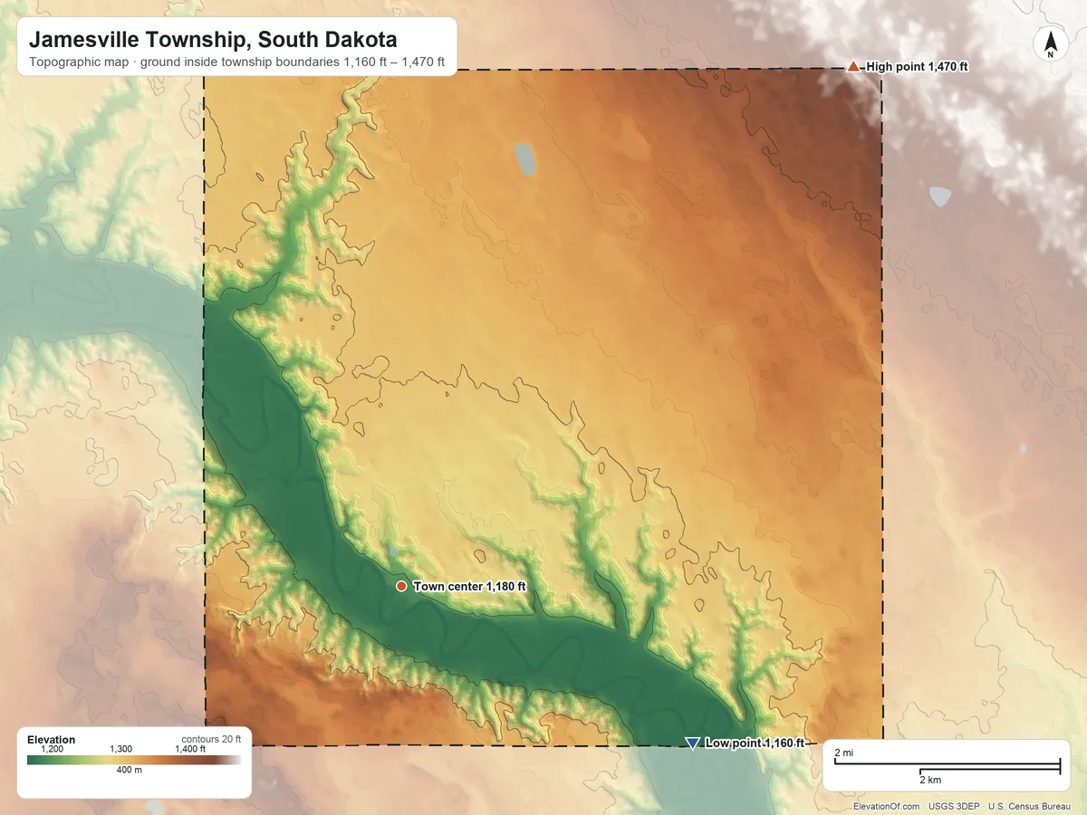 Topographic elevation map of Jamesville Township, South Dakota, shaded from 1,160 ft on the southeast side to 1,470 ft on the northeast side