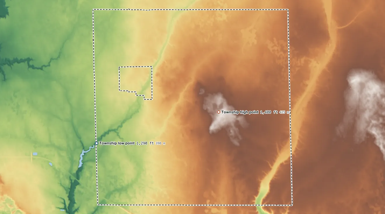 Topographic elevation map of Jasper Township, South Dakota, shaded from 1,290 ft on the southwest side to 1,400 ft on the east side
