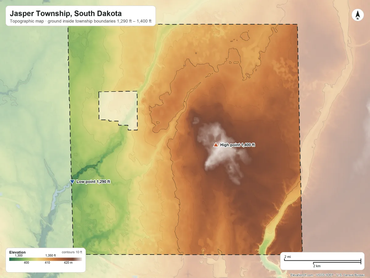Topographic elevation map of Jasper Township, South Dakota, shaded from 1,290 ft on the southwest side to 1,400 ft on the east side
