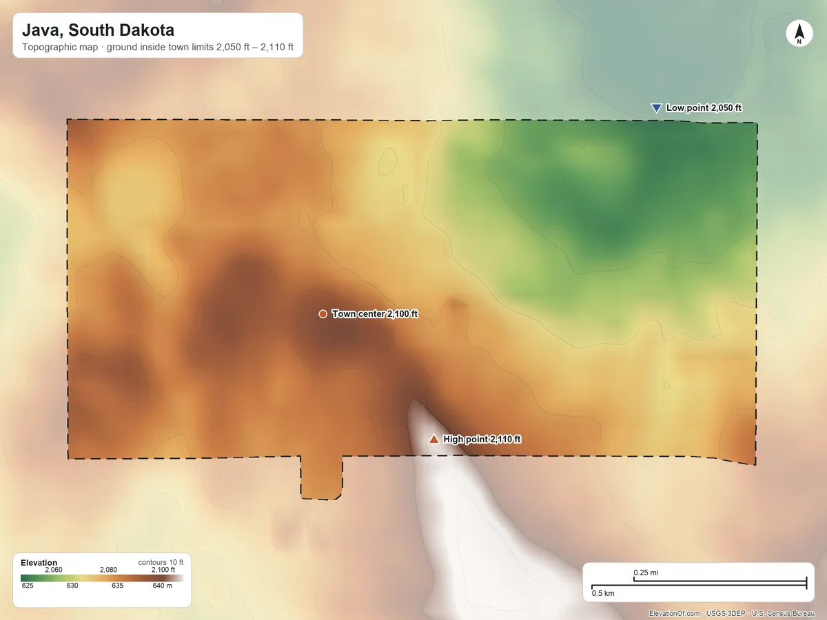 Topographic elevation map of Java, South Dakota, shaded from 2,050 ft on the northeast side to 2,110 ft on the southeast side