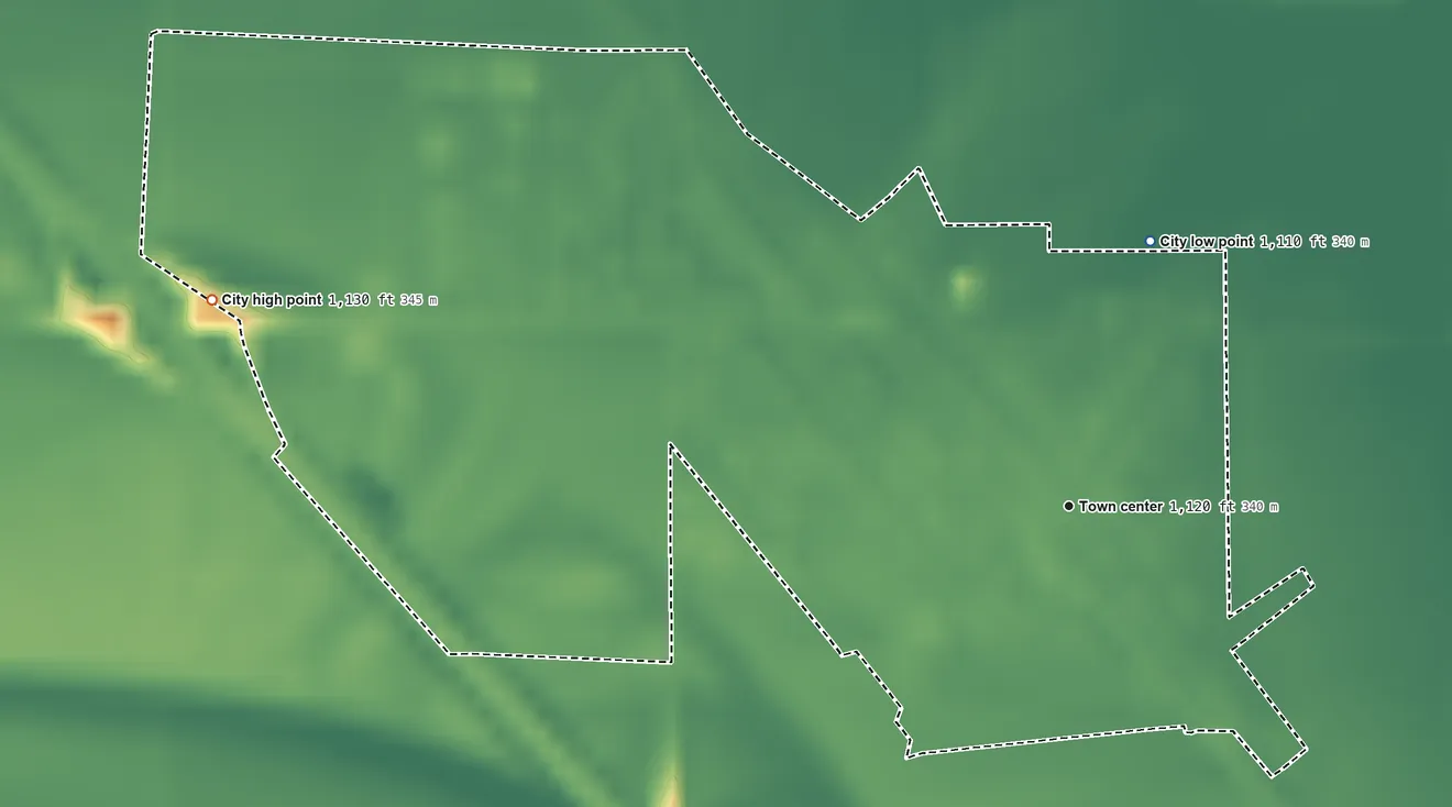 Topographic elevation map of Jefferson, South Dakota, shaded from 1,110 ft on the north side to 1,130 ft on the west side