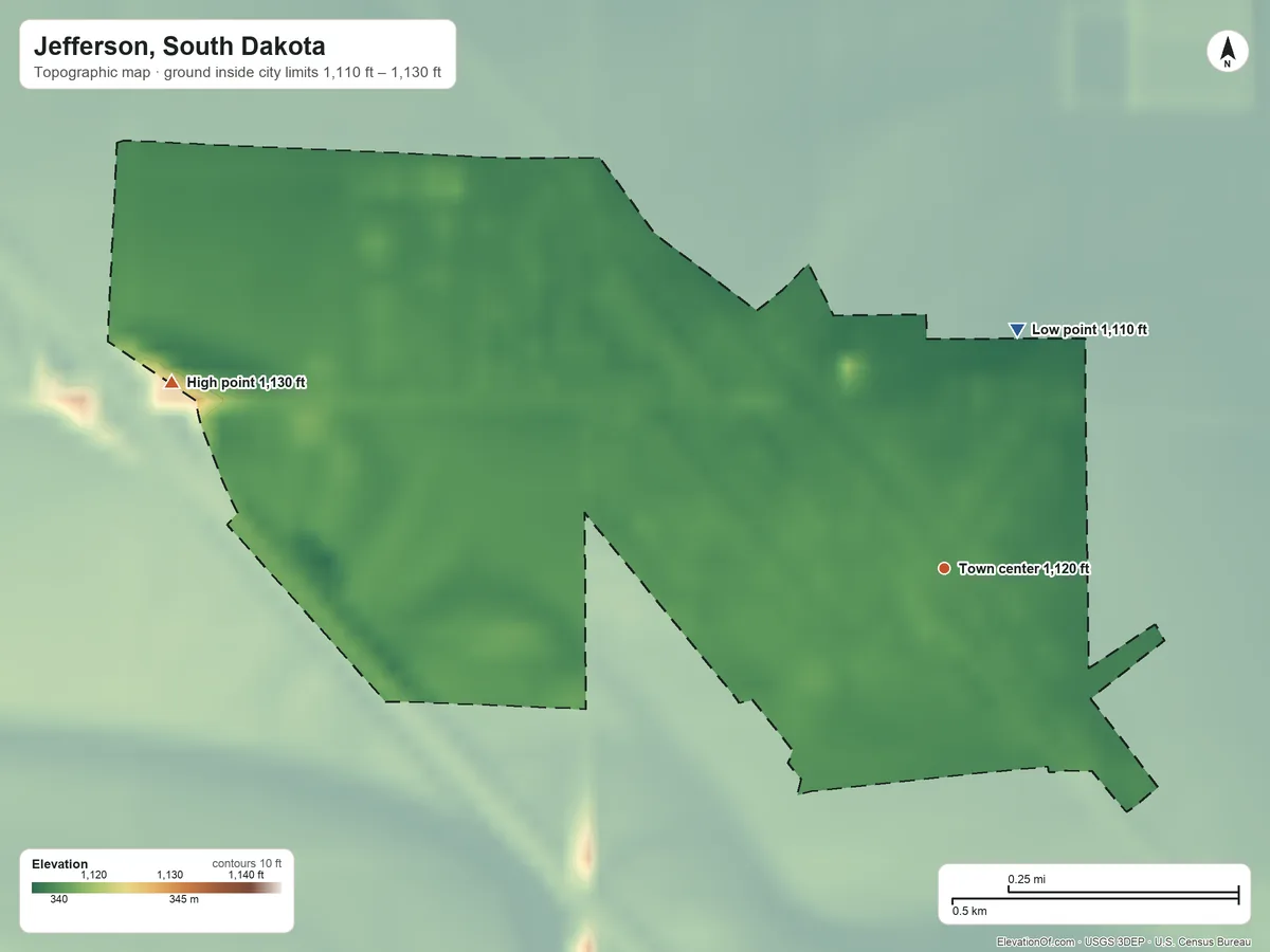 Topographic elevation map of Jefferson, South Dakota, shaded from 1,110 ft on the north side to 1,130 ft on the west side