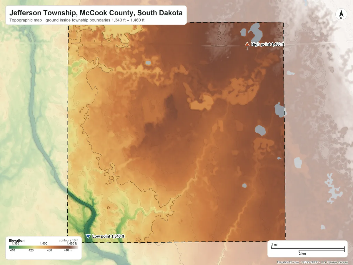 Topographic elevation map of Jefferson Township, McCook County, South Dakota, shaded from 1,340 ft on the southwest side to 1,460 ft on the northeast side