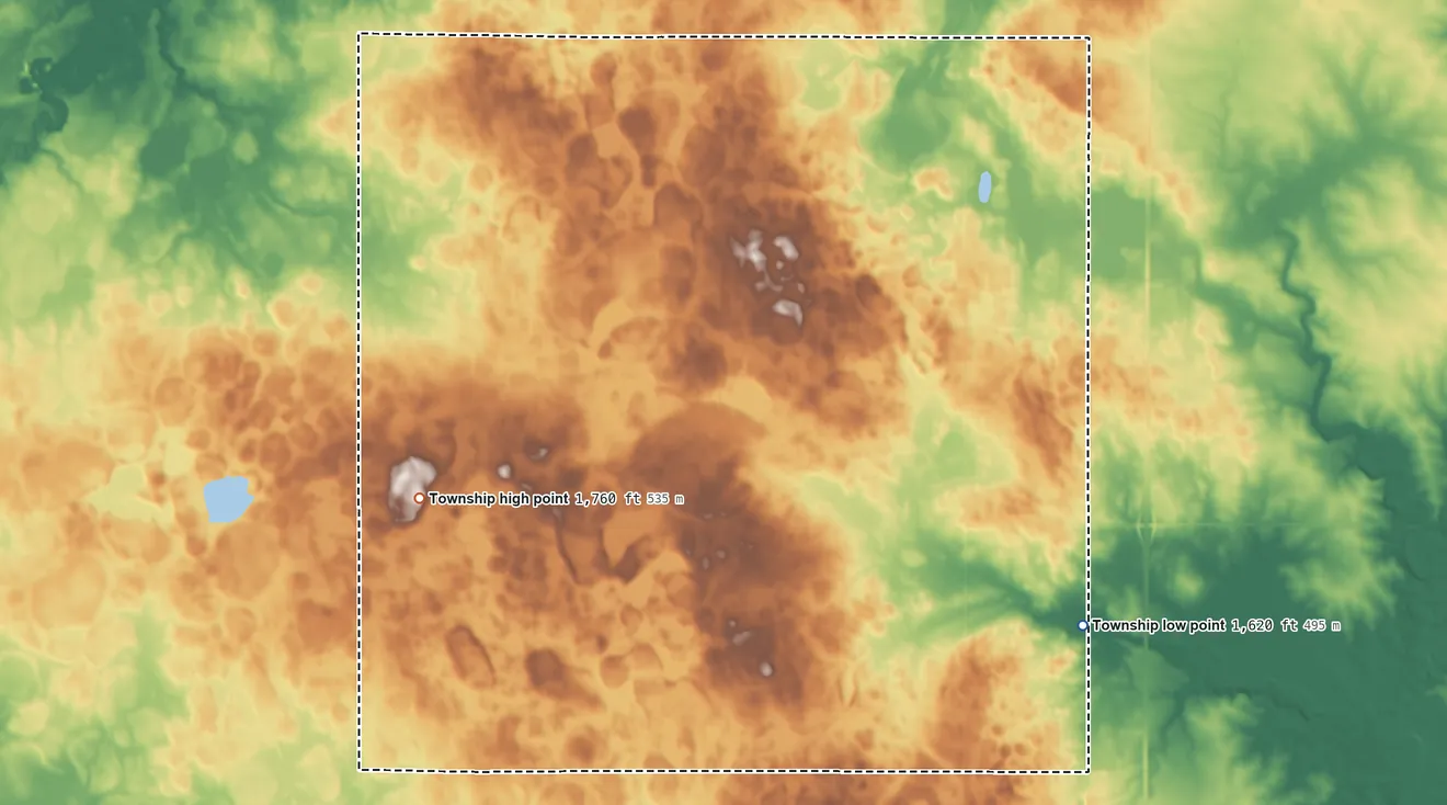 Topographic elevation map of Jefferson Township, Moody County, South Dakota, shaded from 1,620 ft on the southeast side to 1,760 ft on the west side