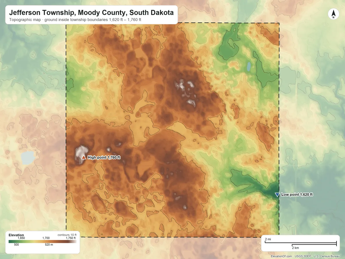 Topographic elevation map of Jefferson Township, Moody County, South Dakota, shaded from 1,620 ft on the southeast side to 1,760 ft on the west side