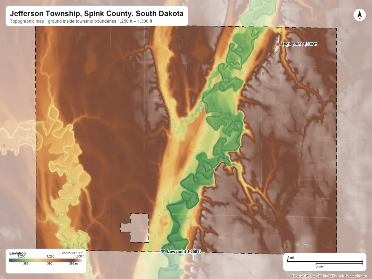 Topographic elevation map of Jefferson Township, Spink County, South Dakota, shaded from 1,250 ft on the south side to 1,300 ft on the east side