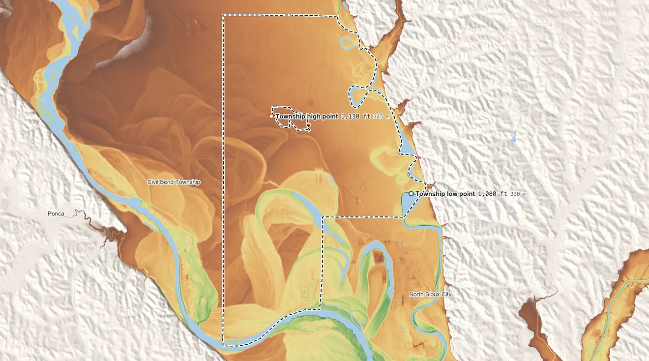 Topographic elevation map of Jefferson Township, South Dakota, shaded from 1,080 ft on the east side to 1,130 ft on the north side