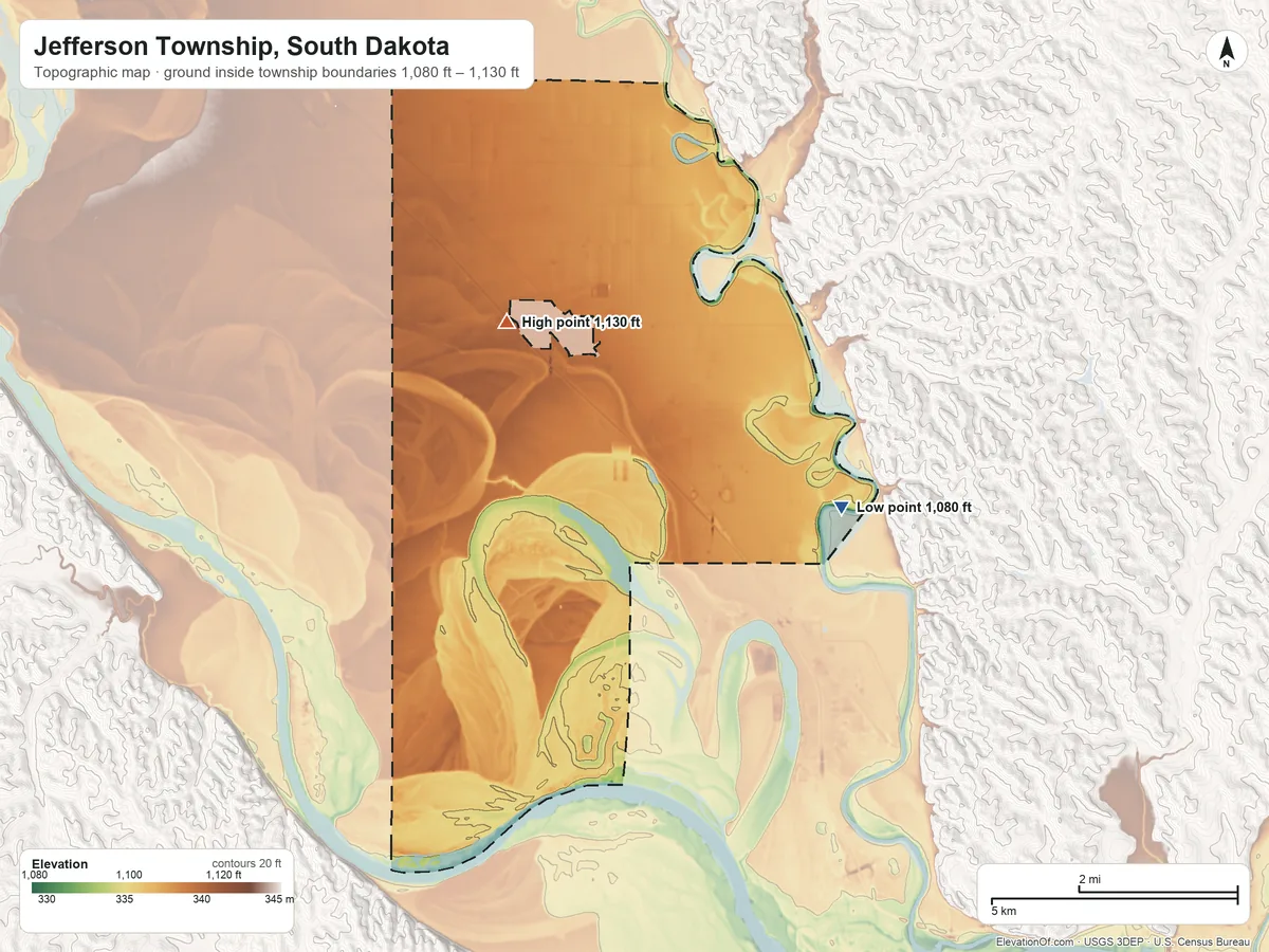 Topographic elevation map of Jefferson Township, South Dakota, shaded from 1,080 ft on the east side to 1,130 ft on the north side