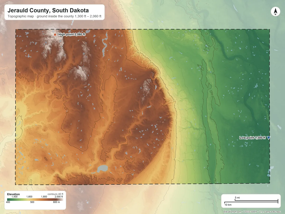 Topographic elevation map of Jerauld County, South Dakota, shaded from 1,300 ft on the east side to 2,060 ft on the northwest side