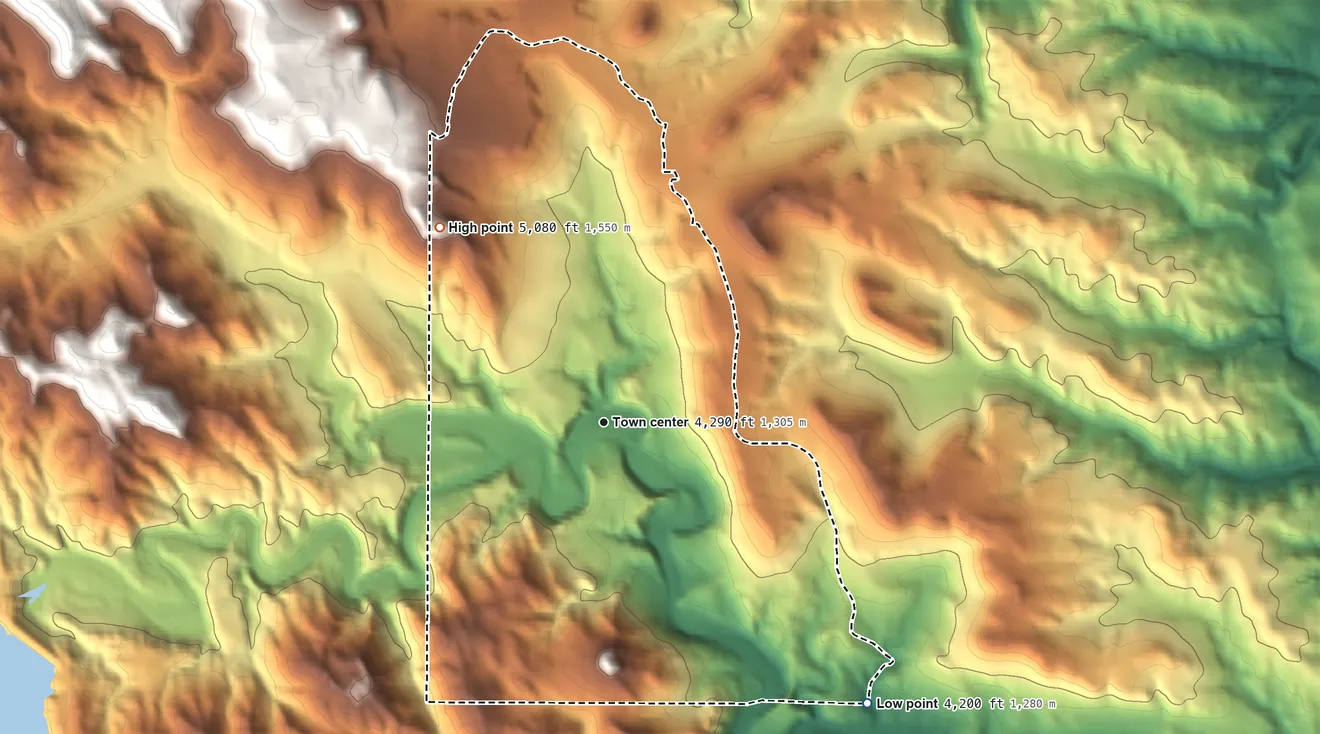 Topographic elevation map of Johnson Siding, South Dakota, shaded from 4,200 ft on the southeast side to 5,080 ft on the northwest side