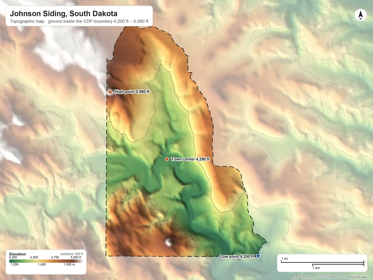 Topographic elevation map of Johnson Siding, South Dakota, shaded from 4,200 ft on the southeast side to 5,080 ft on the northwest side