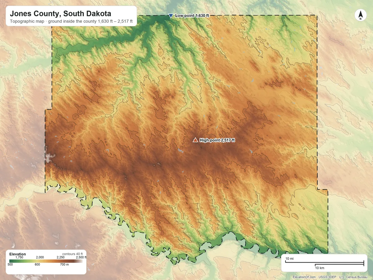 Topographic elevation map of Jones County, South Dakota, shaded from 1,630 ft on the north side to 2,517 ft on White Clay Butte