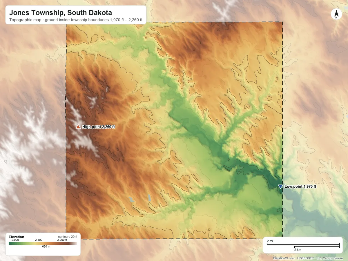 Topographic elevation map of Jones Township, South Dakota, shaded from 1,970 ft on the east side to 2,260 ft on the west side
