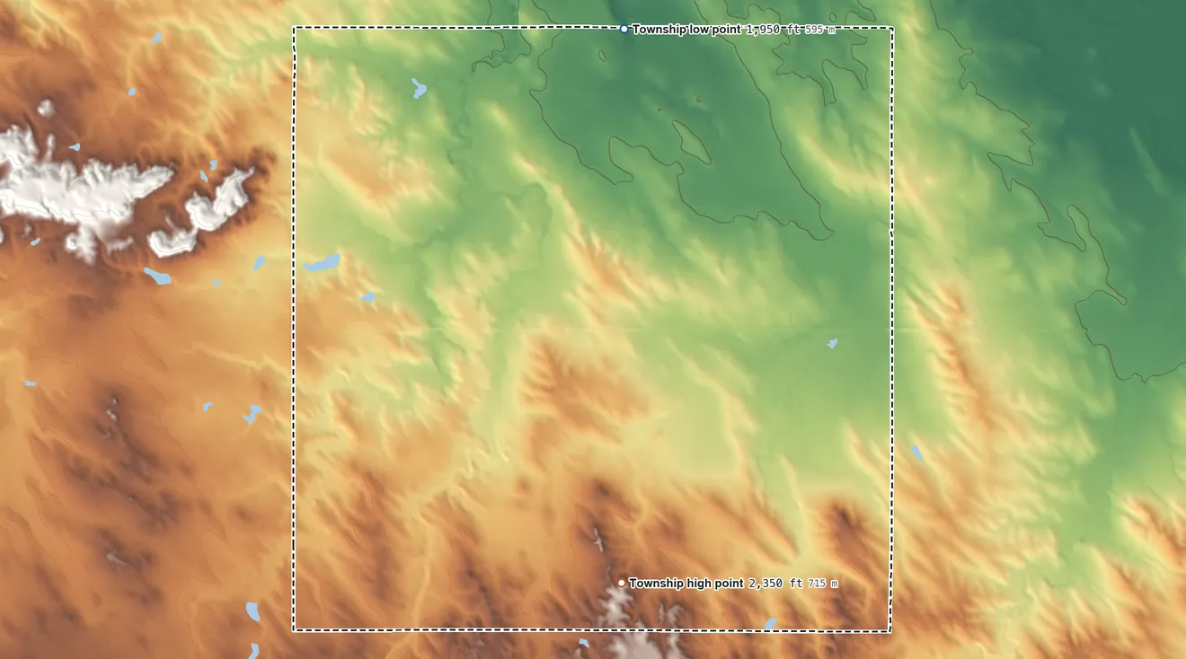 Topographic elevation map of Jordan Township, South Dakota, shaded from 1,950 ft on the northwest side to 2,350 ft on the southwest side