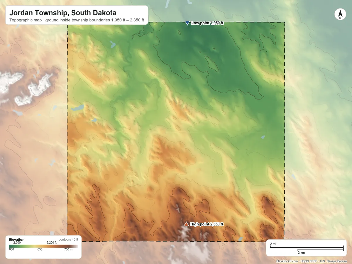 Topographic elevation map of Jordan Township, South Dakota, shaded from 1,950 ft on the northwest side to 2,350 ft on the southwest side