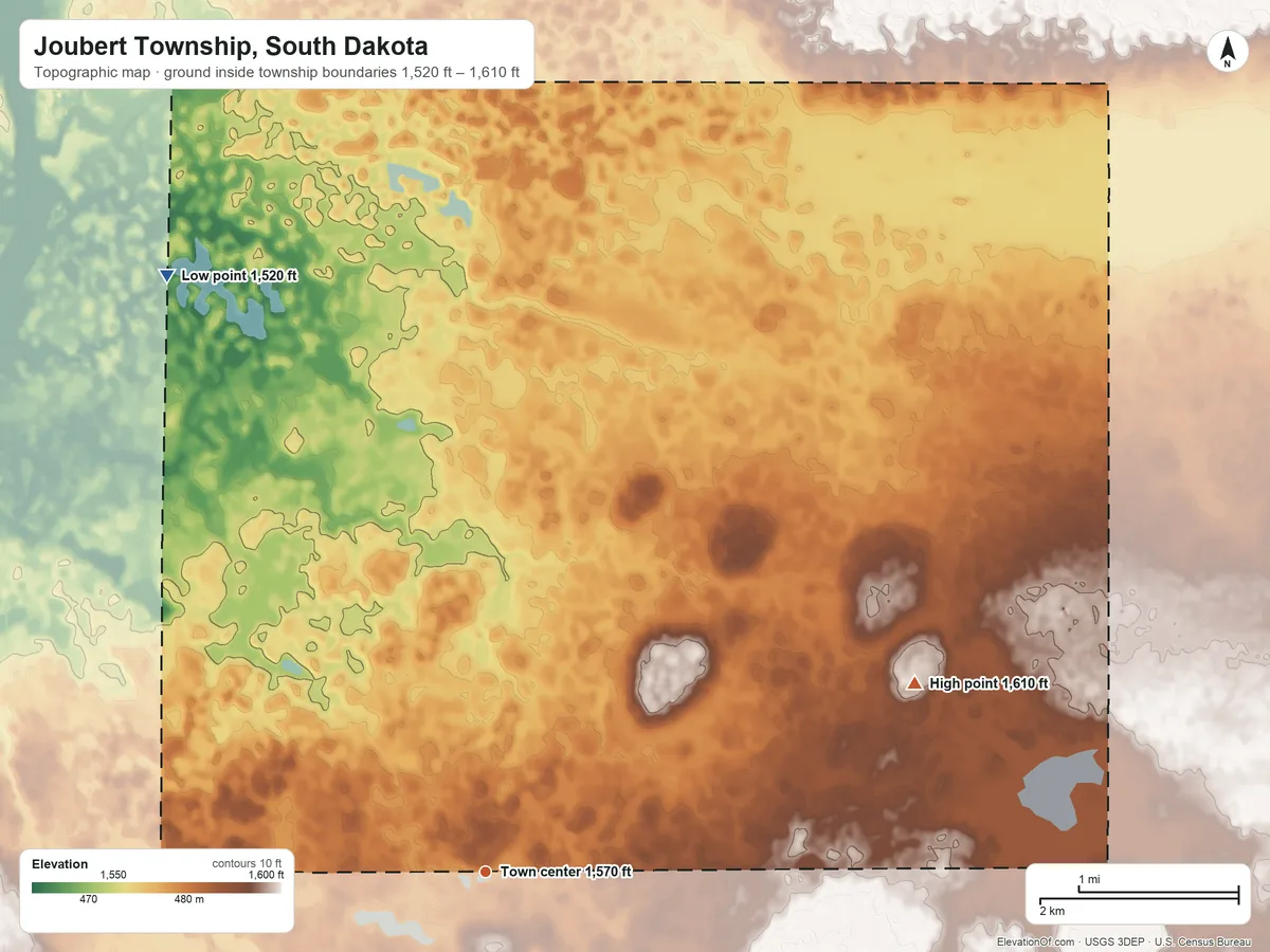 Topographic elevation map of Joubert Township, South Dakota, shaded from 1,520 ft on the northwest side to 1,610 ft on the northeast side