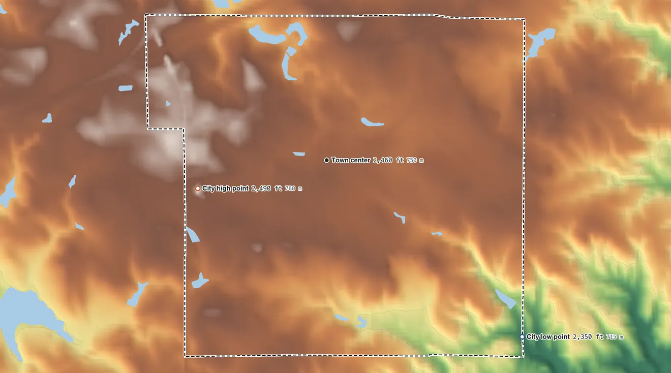Topographic elevation map of Kadoka, South Dakota, shaded from 2,350 ft on the southeast side to 2,490 ft on the west side