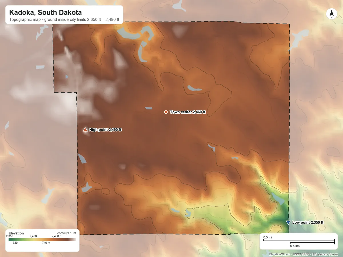 Topographic elevation map of Kadoka, South Dakota, shaded from 2,350 ft on the southeast side to 2,490 ft on the west side