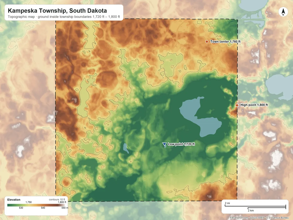 Topographic elevation map of Kampeska Township, South Dakota, shaded from 1,720 ft on the south side to 1,800 ft on the southeast side