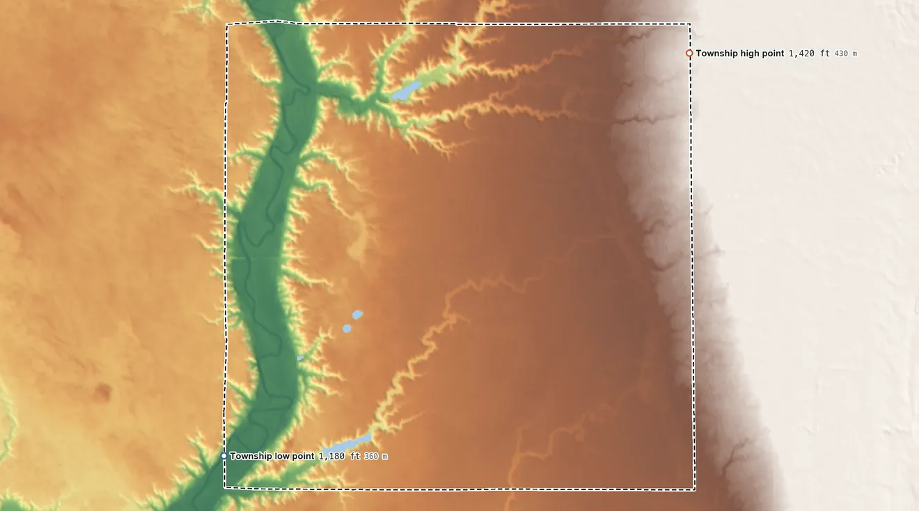 Topographic elevation map of Kassel Township, South Dakota, shaded from 1,180 ft on the southwest side to 1,420 ft on the northeast side