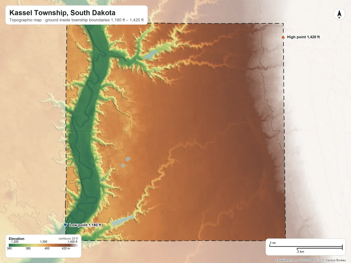 Topographic elevation map of Kassel Township, South Dakota, shaded from 1,180 ft on the southwest side to 1,420 ft on the northeast side