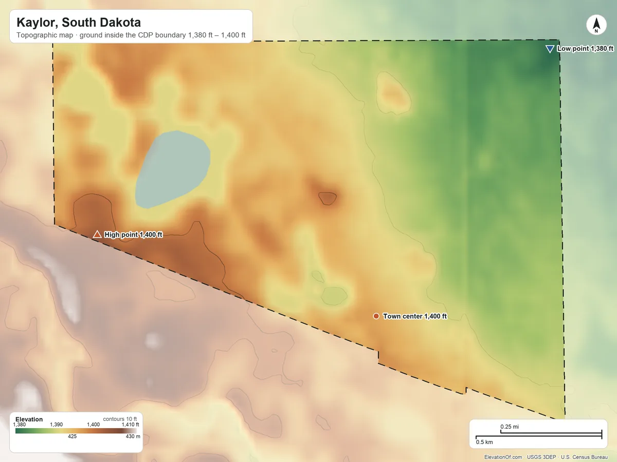 Topographic elevation map of Kaylor, South Dakota, shaded from 1,380 ft on the northeast side to 1,400 ft on the west side