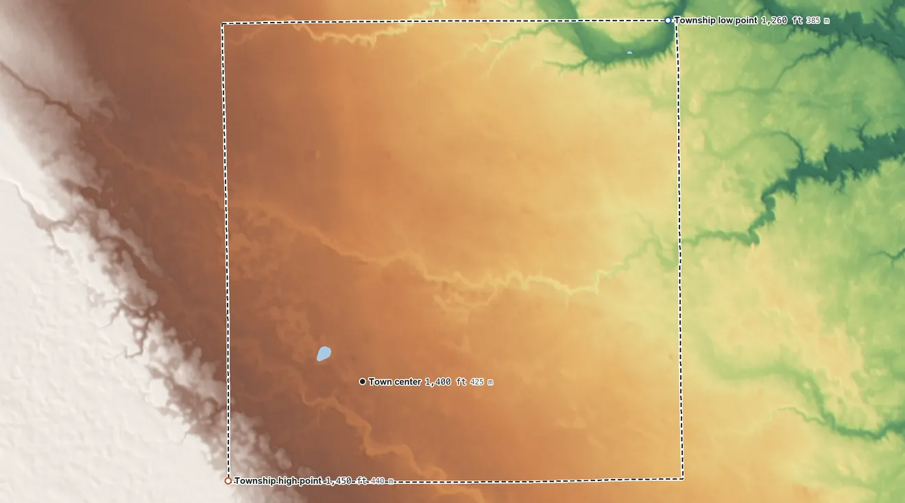 Topographic elevation map of Kaylor Township, South Dakota, shaded from 1,260 ft on the northeast side to 1,450 ft on the southwest side