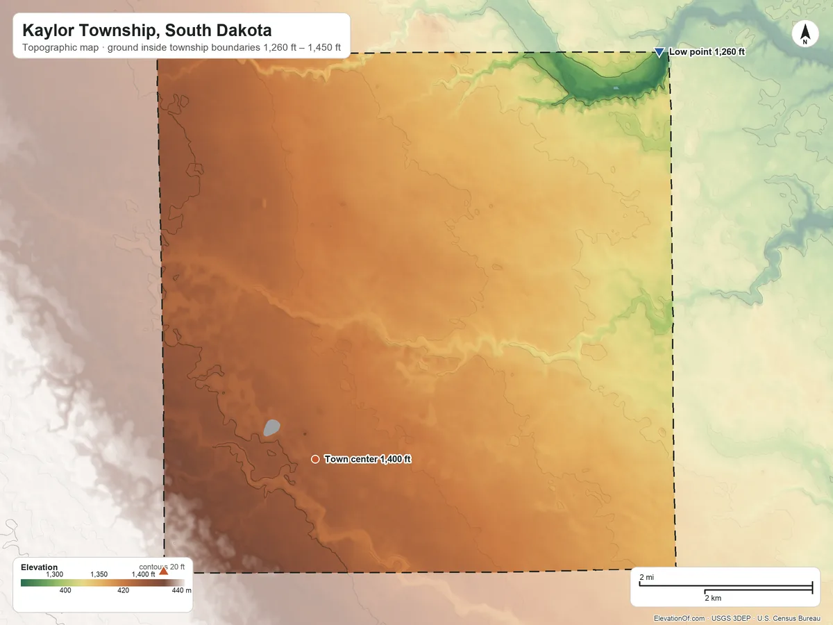 Topographic elevation map of Kaylor Township, South Dakota, shaded from 1,260 ft on the northeast side to 1,450 ft on the southwest side