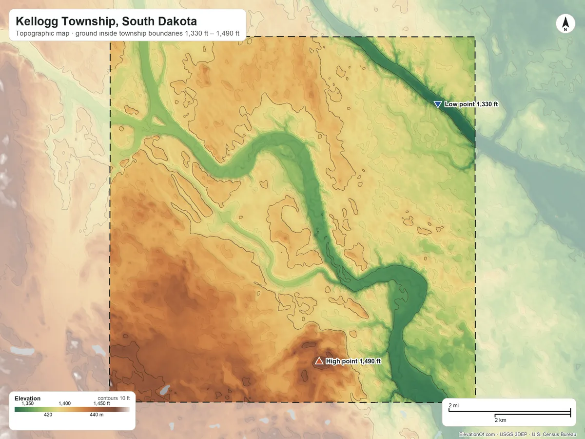 Topographic elevation map of Kellogg Township, South Dakota, shaded from 1,330 ft on the northeast side to 1,490 ft on the south side