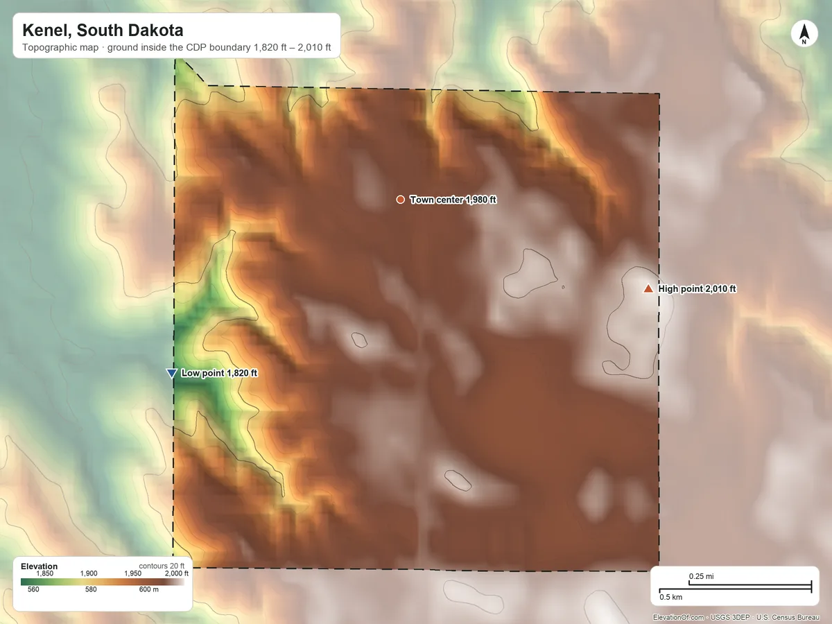 Topographic elevation map of Kenel, South Dakota, shaded from 1,820 ft on the southwest side to 2,010 ft on the east side