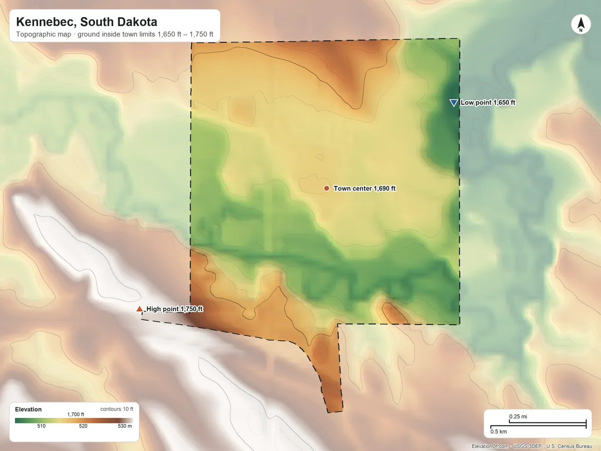 Topographic elevation map of Kennebec, South Dakota, shaded from 1,650 ft on the northeast side to 1,750 ft on the southwest side
