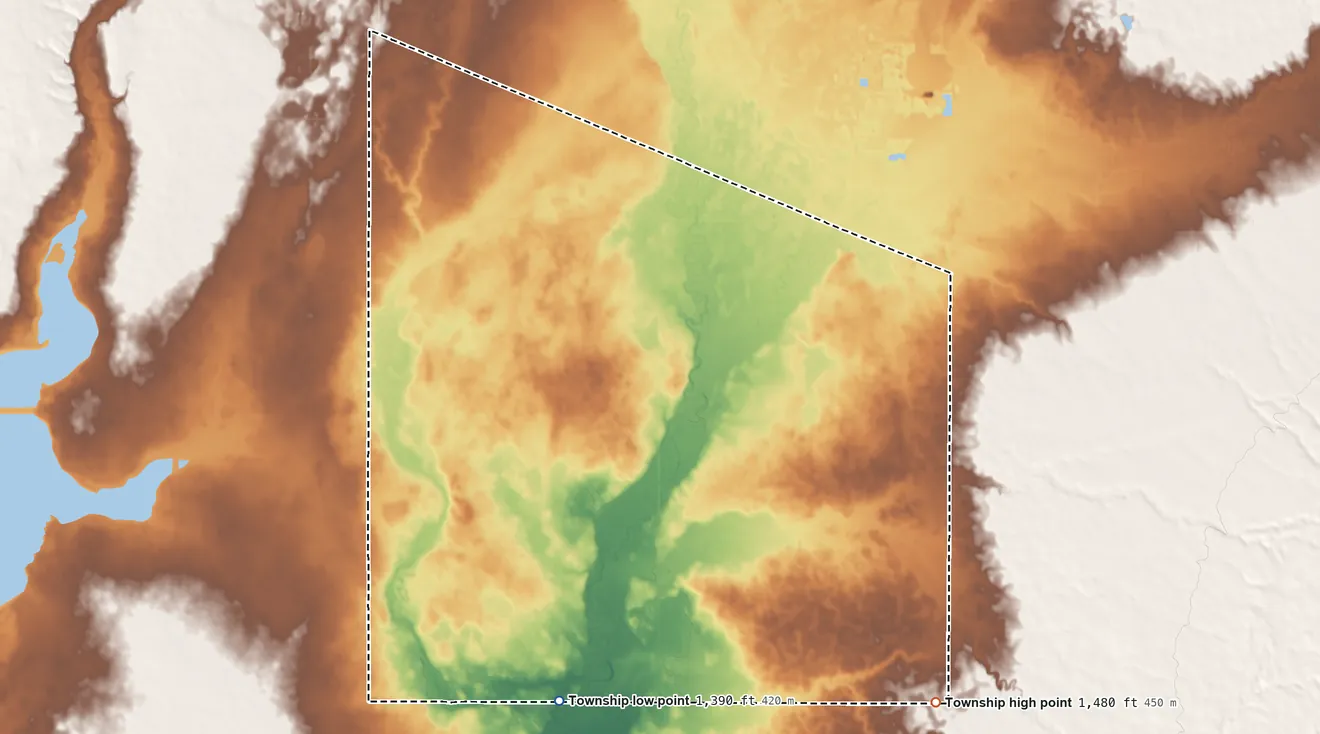 Topographic elevation map of Kennedy Township, South Dakota, shaded from 1,390 ft on the south side to 1,480 ft on the southeast side