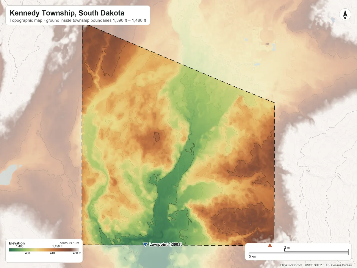 Topographic elevation map of Kennedy Township, South Dakota, shaded from 1,390 ft on the south side to 1,480 ft on the southeast side