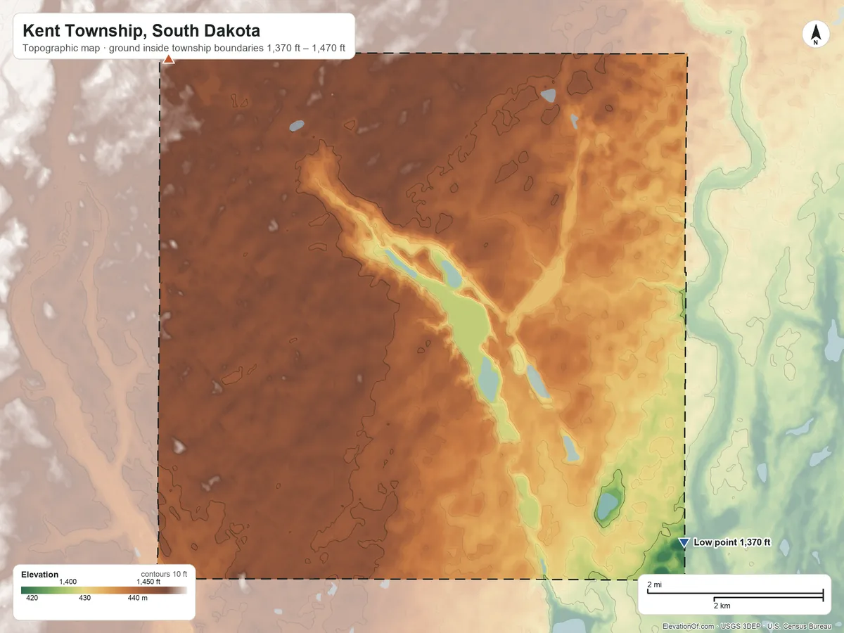 Topographic elevation map of Kent Township, South Dakota, shaded from 1,370 ft on the south side to 1,470 ft on the northwest side