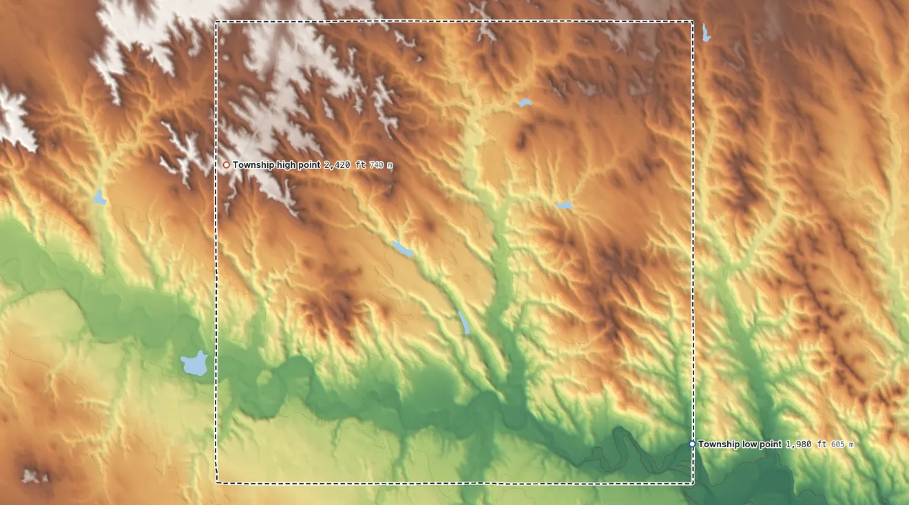 Topographic elevation map of Keyapaha Township, South Dakota, shaded from 1,980 ft on the south side to 2,420 ft on the west side