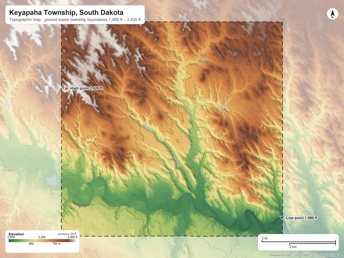 Topographic elevation map of Keyapaha Township, South Dakota, shaded from 1,980 ft on the south side to 2,420 ft on the west side