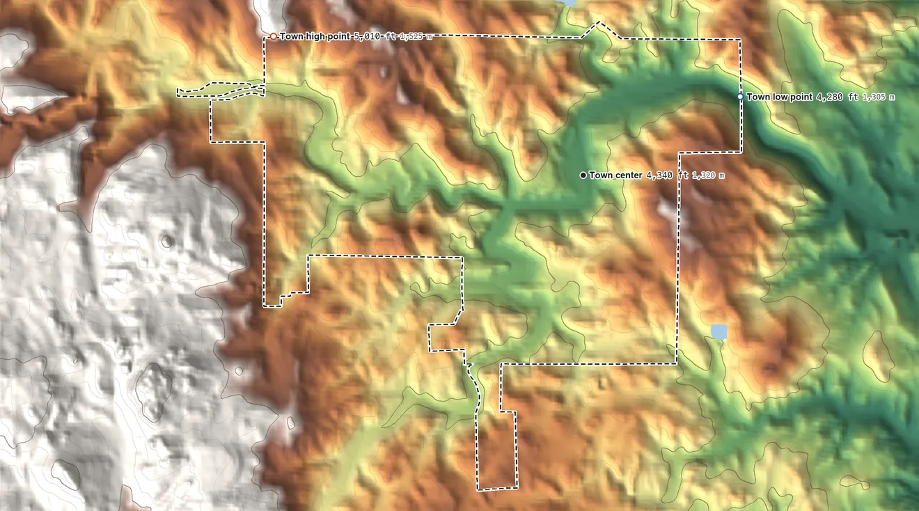 Topographic elevation map of Keystone, South Dakota, shaded from 4,280 ft on the northeast side to 5,010 ft at the foot of the Bald Hills