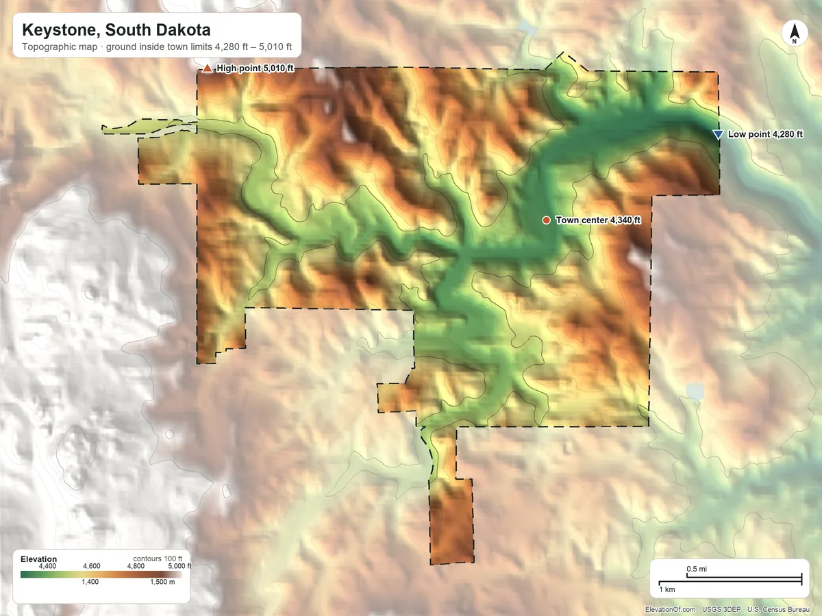 Topographic elevation map of Keystone, South Dakota, shaded from 4,280 ft on the northeast side to 5,010 ft at the foot of the Bald Hills