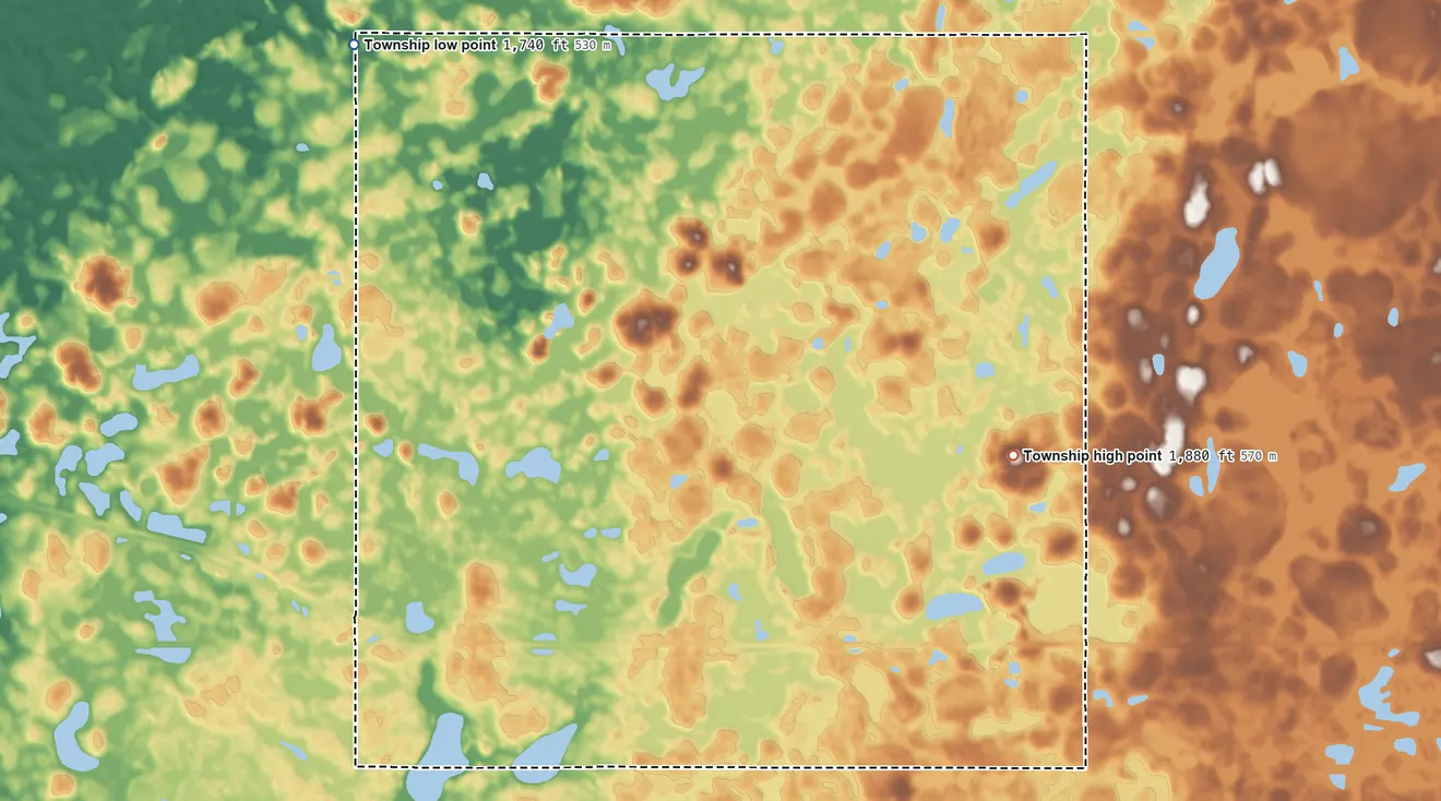 Topographic elevation map of Kidder Township, South Dakota, shaded from 1,740 ft on the northwest side to 1,880 ft on the east side