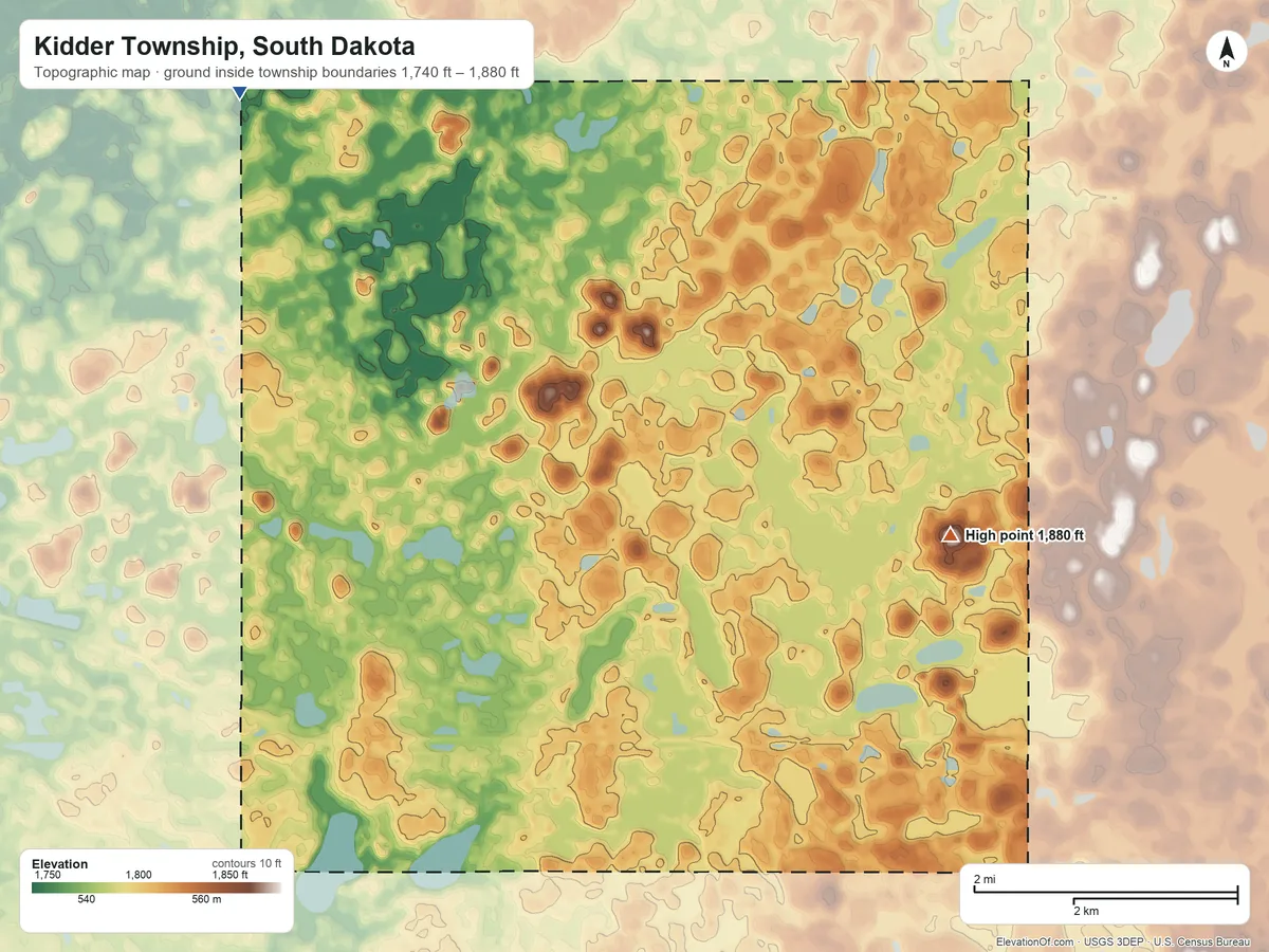 Topographic elevation map of Kidder Township, South Dakota, shaded from 1,740 ft on the northwest side to 1,880 ft on the east side
