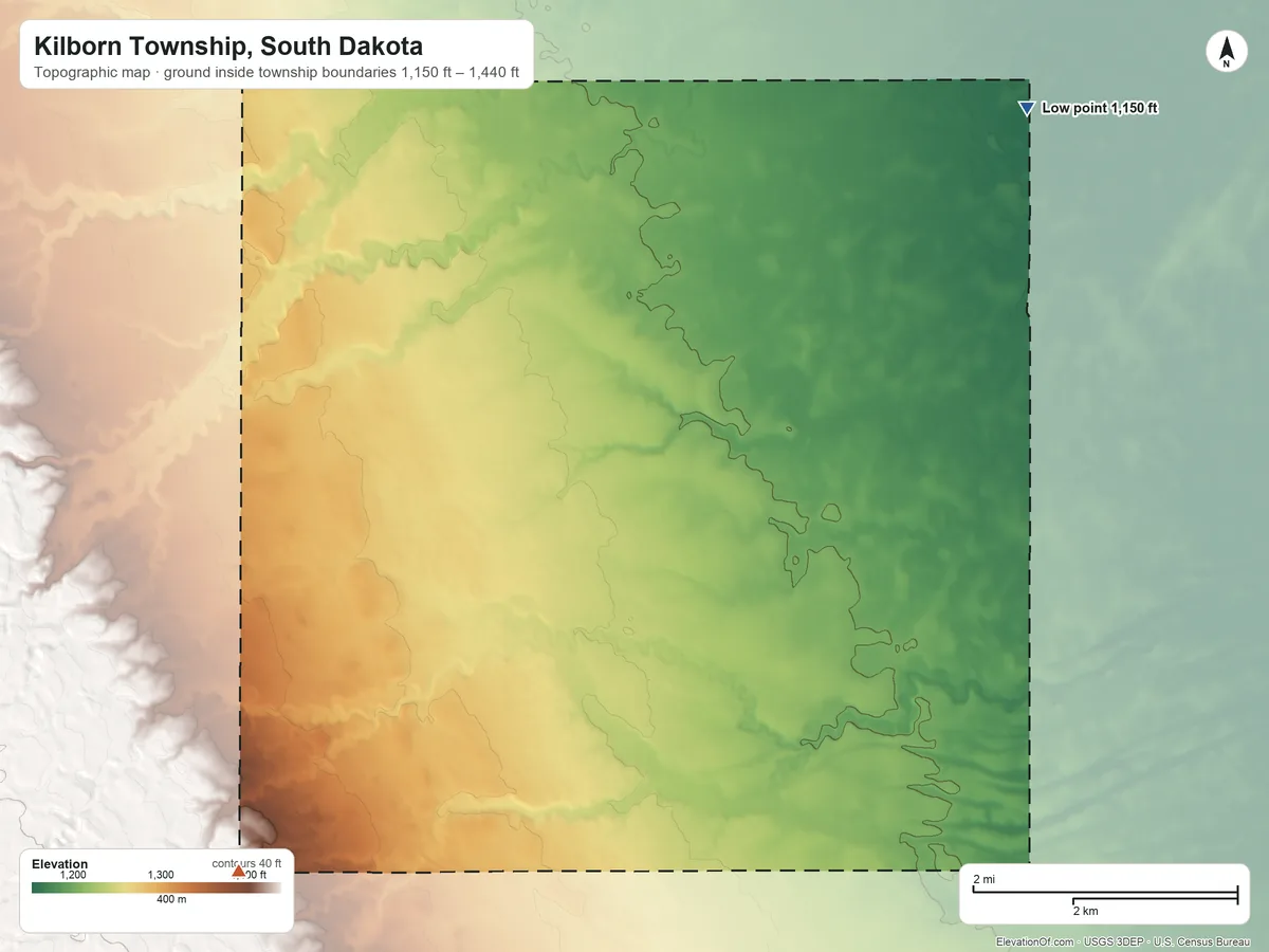 Topographic elevation map of Kilborn Township, South Dakota, shaded from 1,150 ft on the northeast side to 1,440 ft on the southwest side