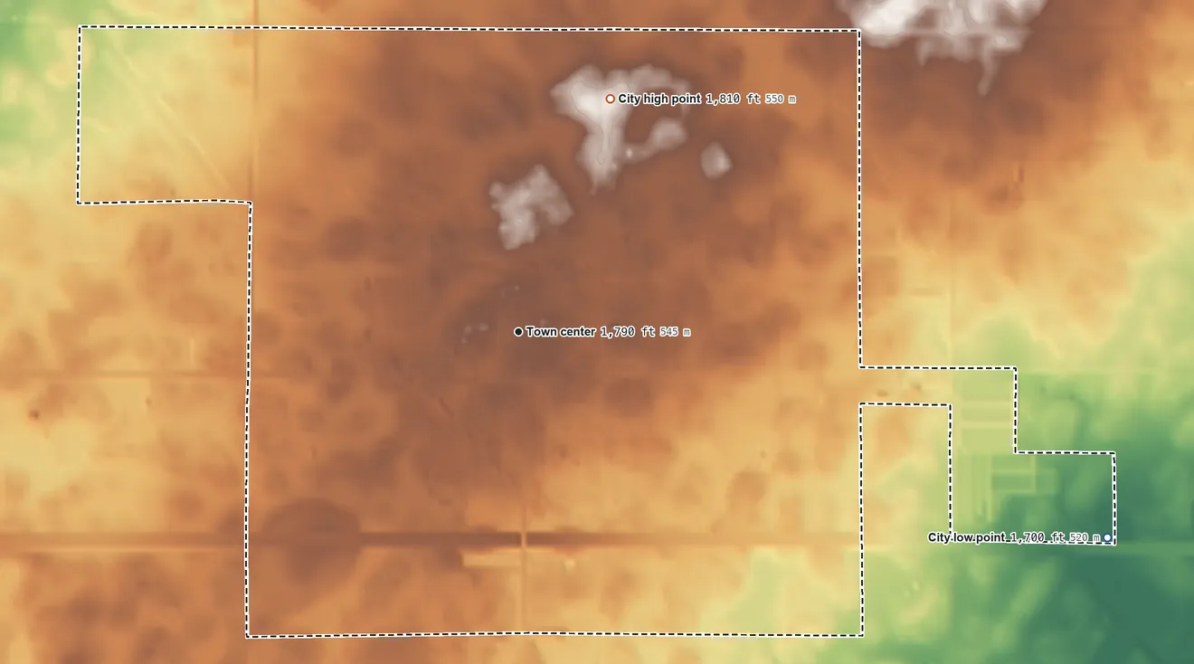 Topographic elevation map of Kimball, South Dakota, shaded from 1,700 ft on the east side to 1,810 ft on the north side