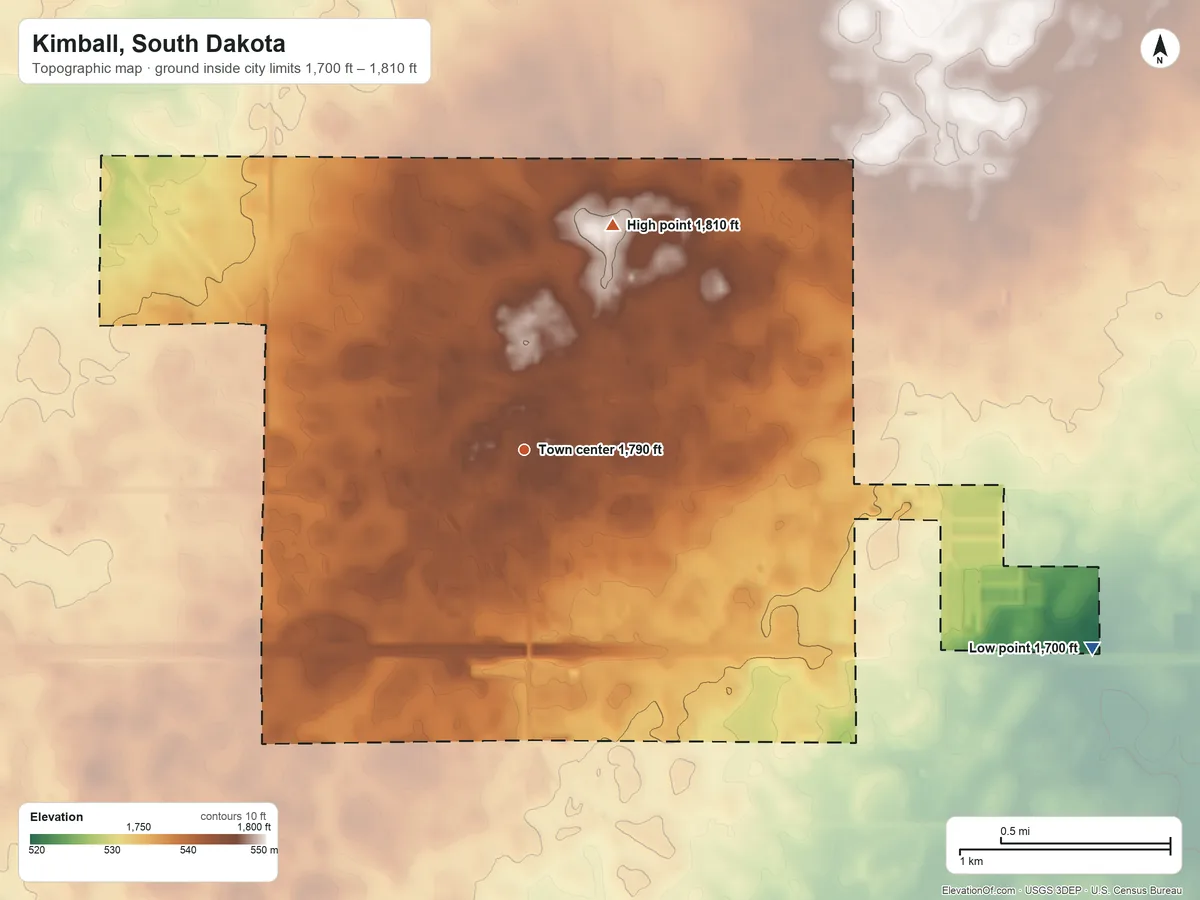 Topographic elevation map of Kimball, South Dakota, shaded from 1,700 ft on the east side to 1,810 ft on the north side