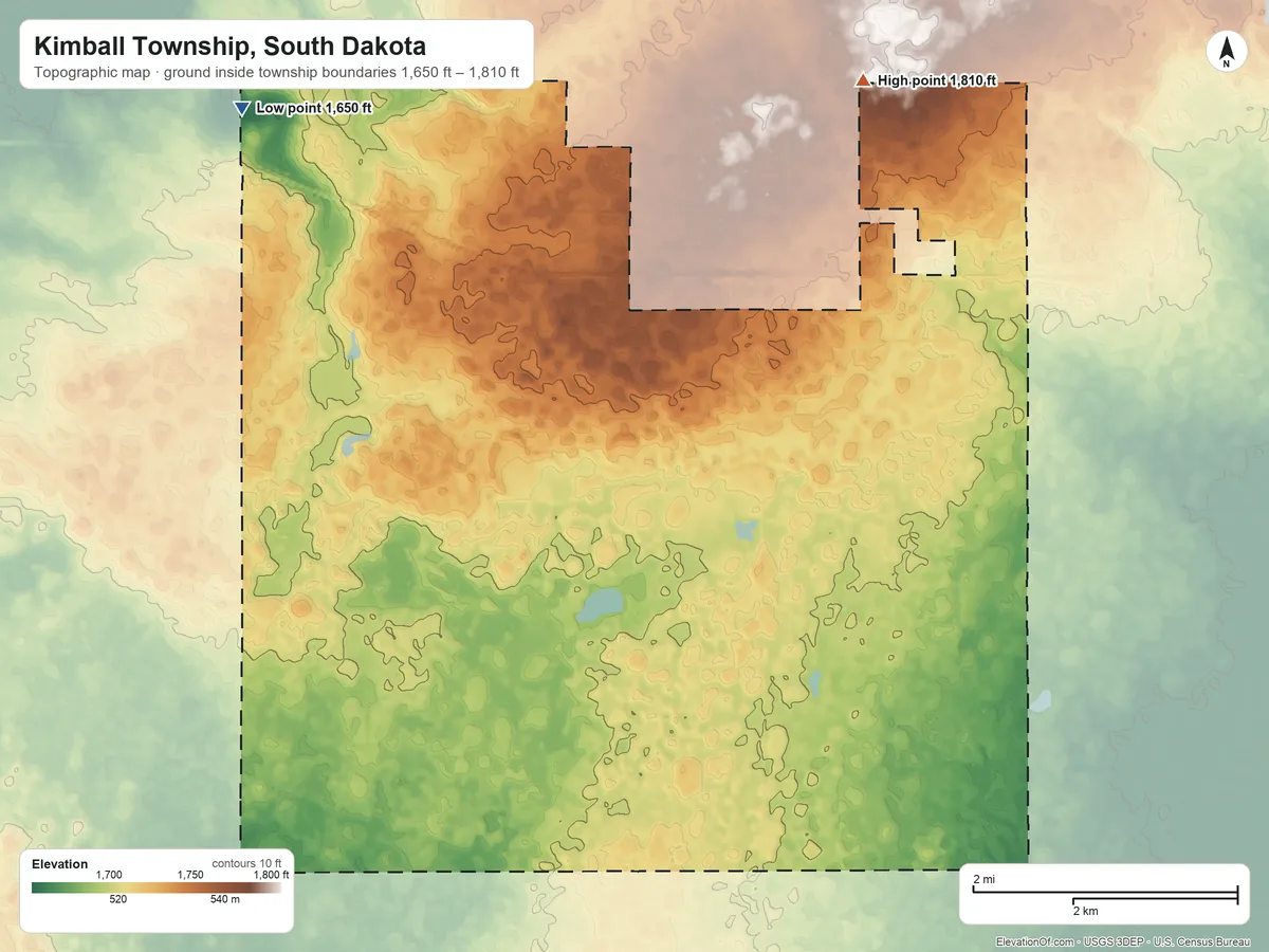 Topographic elevation map of Kimball Township, South Dakota, shaded from 1,650 ft on the northwest side to 1,810 ft on the north side