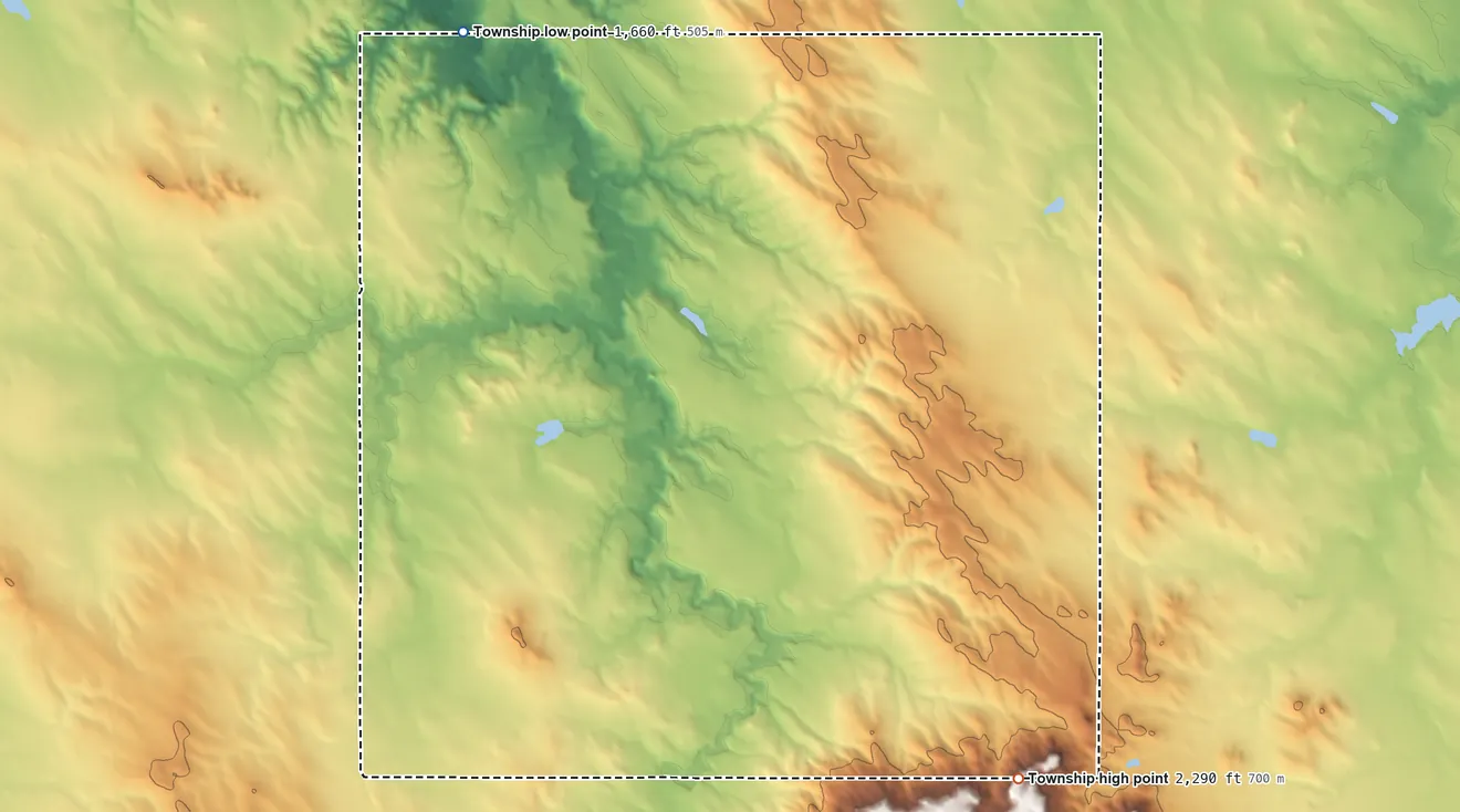 Topographic elevation map of King Township, South Dakota, shaded from 1,660 ft on the northwest side to 2,290 ft on the southeast side