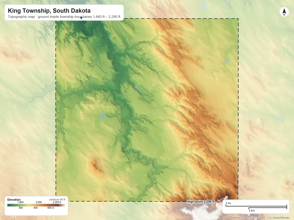 Topographic elevation map of King Township, South Dakota, shaded from 1,660 ft on the northwest side to 2,290 ft on the southeast side
