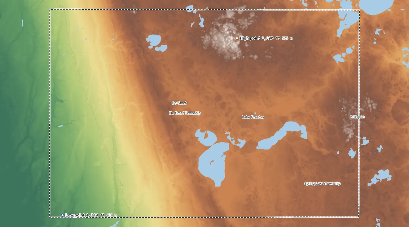 Topographic elevation map of Kingsbury County, South Dakota, shaded from 1,340 ft on the southwest side to 1,890 ft on the northeast side